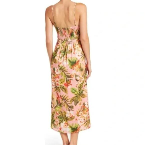 NSR Tropical Cut Out Print Pink Silky Lace Up Maxi Dress M - Picture 2 of 9